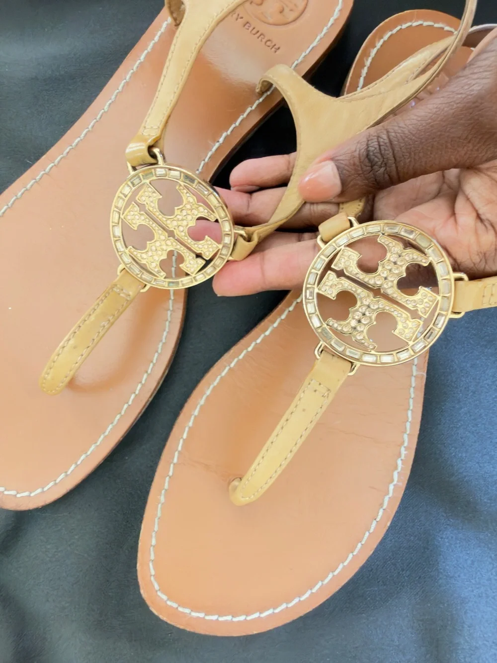 Tory Burch Miller Pave Knotted Tan Leather Sandals size 9.5M